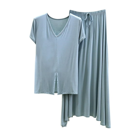 yillto Women's 2 Piece Outfits Skirt Set Summer Casual Short Sleeve Tops Maxi Dress Lounge Sets