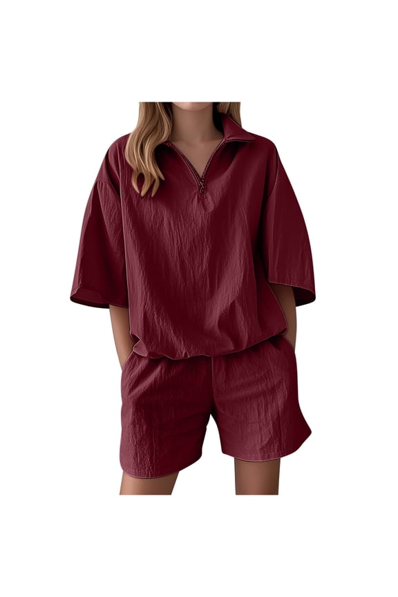 Women's 2 Piece Short Sets Summer Loose Athletic Shorts and Zip up Short Sleeve Tops Tracksuit