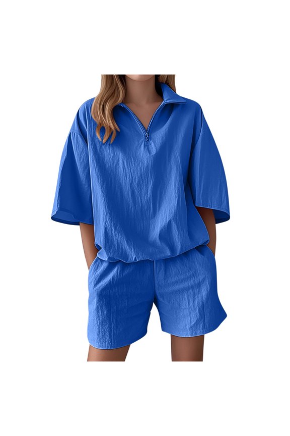 Women's 2 Piece Short Sets Summer Loose Athletic Shorts and Zip up Short Sleeeve Tops Tracksuit