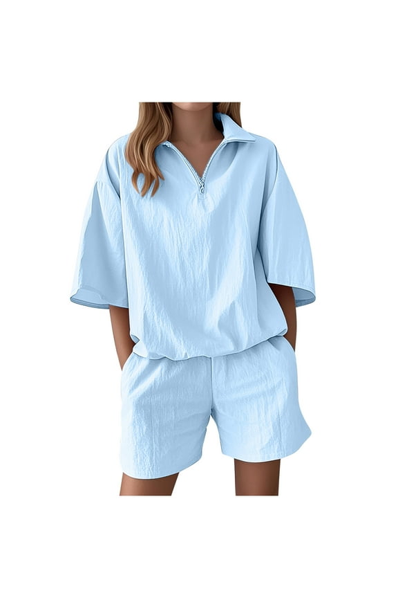 Women's 2 Piece Short Sets Summer Loose Athletic Shorts and Zip up Short Sleeeve Tops Tracksuit