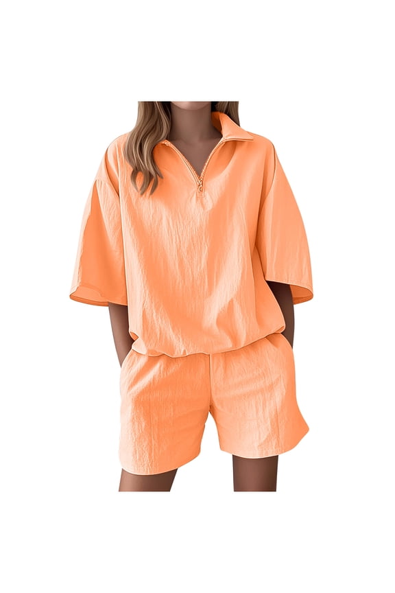 Women's 2 Piece Short Sets Summer Loose Athletic Shorts and Zip up Short Sleeve Tops Tracksuit