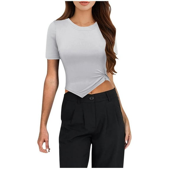 yillto Women's Basic Shirts Summer Short Sleeve Crew Neck Cute Cropped Tee Tops Fashion Slim Tshirts
