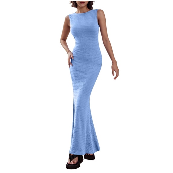 yillto Women's Basic Summer Lounge Tank Long Dress Elegant Sleeveless Round Neck Slim Maxi Dresses