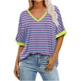 thumbnail image 1 of yillto Women's Basic Tee V Neck Short Sleeve Striped Shirts Casual Baggy Oversized Summer Tunic Tops, 1 of 3