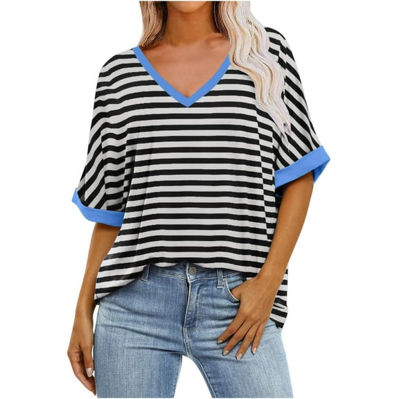 yillto Women's Basic Tee V Neck Short Sleeve Striped Shirts Casual Baggy Oversized Summer Tunic Tops