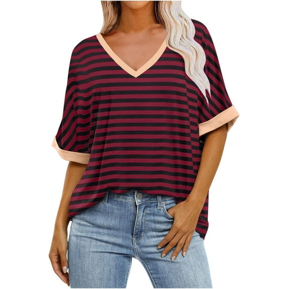yillto Women's Basic Tee V Neck Short Sleeve Striped Shirts Casual Baggy Oversized Summer Tunic Tops