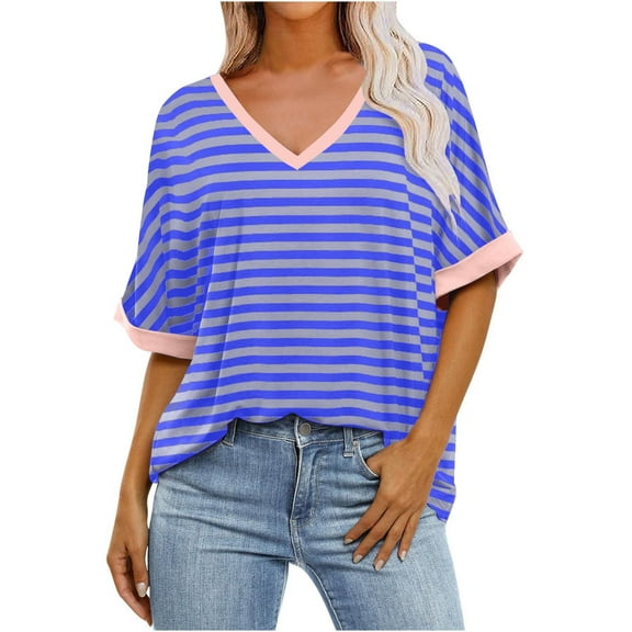 yillto Women's Basic Tee V Neck Short Sleeve Striped Shirts Casual Baggy Oversized Summer Tunic Tops