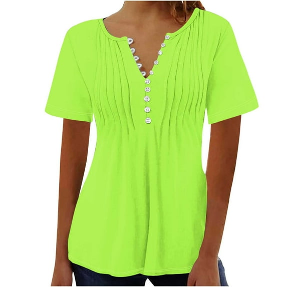 yillto Women's Blouse V Neck Buttons Pleated Short Sleeve Tunic Tops Summer Solid Color Tshirts