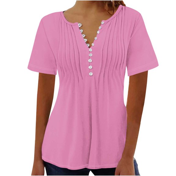 yillto Women's Blouse V Neck Buttons Pleated Short Sleeve Tunic Tops Summer Solid Color Tshirts