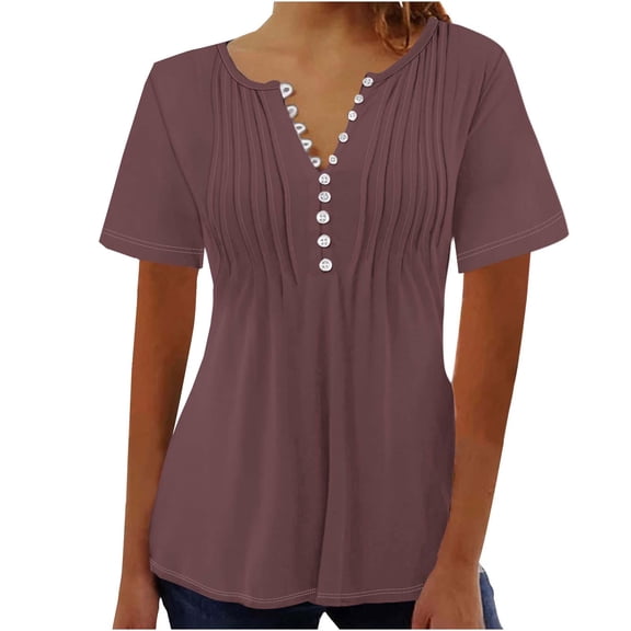 yillto Women's Blouse V Neck Buttons Pleated Short Sleeve Tunic Tops Summer Solid Color Tshirts