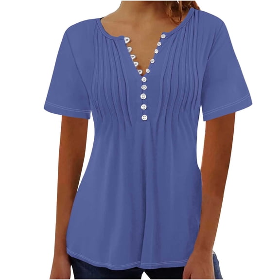 yillto Women's Blouse V Neck Buttons Pleated Short Sleeve Tunic Tops Summer Solid Color Tshirts