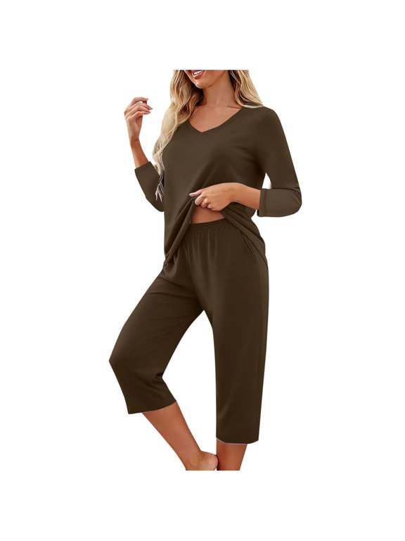 Women's Capri Pajama Sets 3/4 Sleeve Sleepwear Top and Capris Pants Soft Loungewear Pjs Set