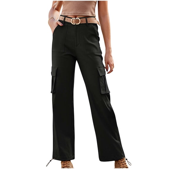 yillto Women's Cargo Pants Solid Color Pants with Button Zipper Stretch Waisted Pants with Pockets