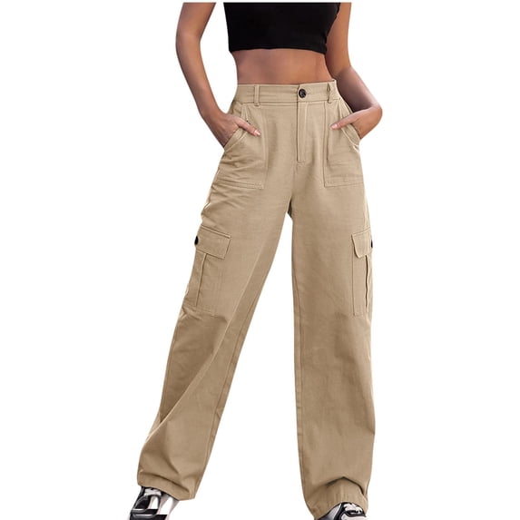 yillto Women's Cargo Pants Solid Color Pants with Button Zipper Stretch Waisted Pants with Pockets