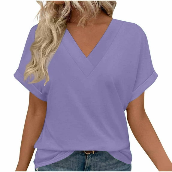 yillto Women's Casual V Neck T Shirts Summer Cap Short Sleeve Fashion Loose Solid Color Tops Tee