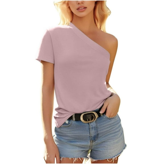 yillto Women's Casual off Shoulder Tops Short Sleeve T Shirts Loose Summer Blouse Shirt Fashion Trendy