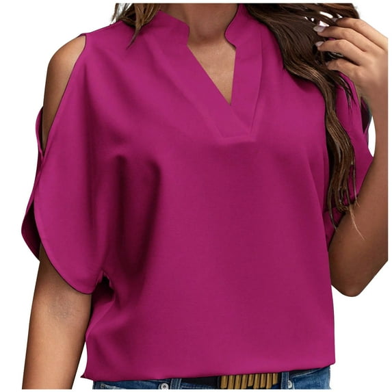yillto Women's Cold Shoulder Tops Short Sleeve V Neck Casual Loose Solid Color Blouse Summer Fashion Shirts