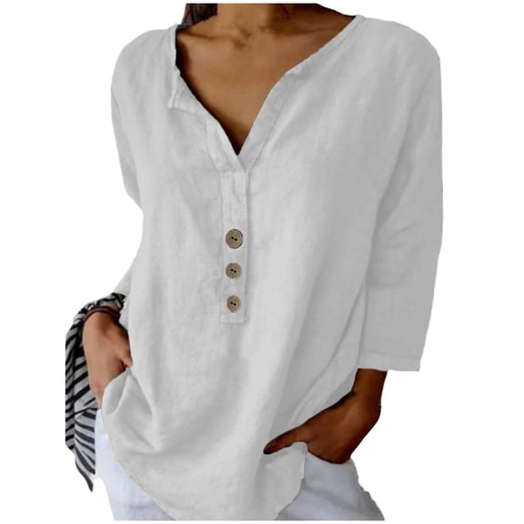yillto Women's Cotton Linen 3/4 Sleeve Tops Beach Vacation Summer Blouse Buttons V Neck Shirts Outfits
