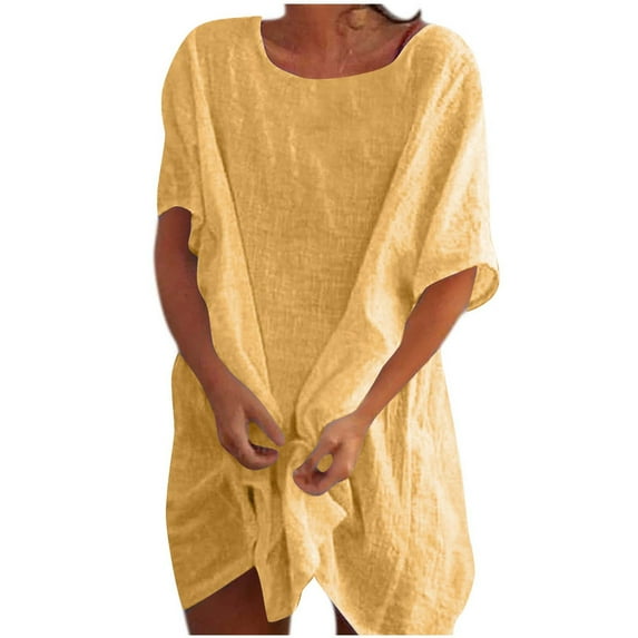 yillto Women's Cotton Linen Midi Dress Scoop Neck Short Sleeve Causal Loose Beach Dresses Summer