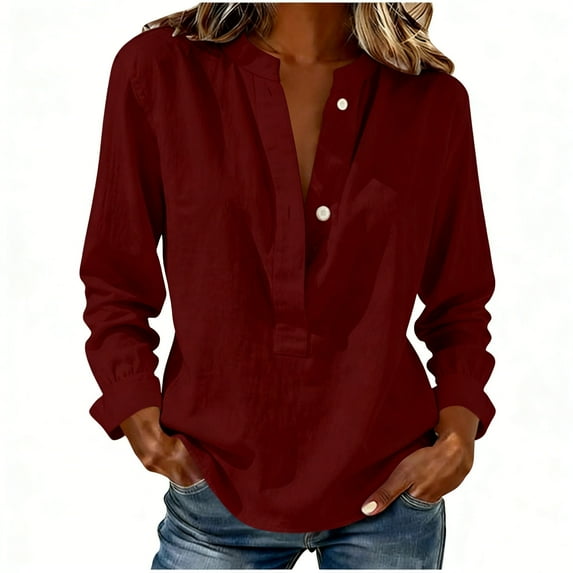 yillto Women's Cotton Linen Tops Summer Fashion V Neck Blouse Button up Loose Beach Vacation Outfits