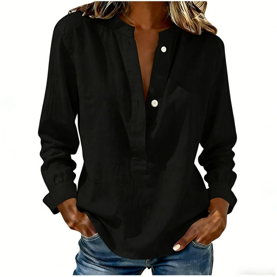 yillto Women's Cotton Linen Tops Summer Fashion V Neck Blouse Button up Loose Beach Vacation Outfits