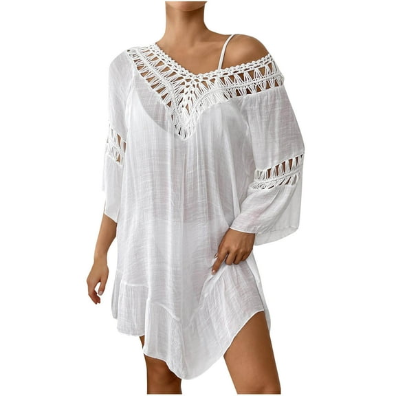 yillto Women's Cover up Dress V Neck 3/4 Sleeve Crochet Loose Beach Swimsuit Bikini Tshirt Dresses