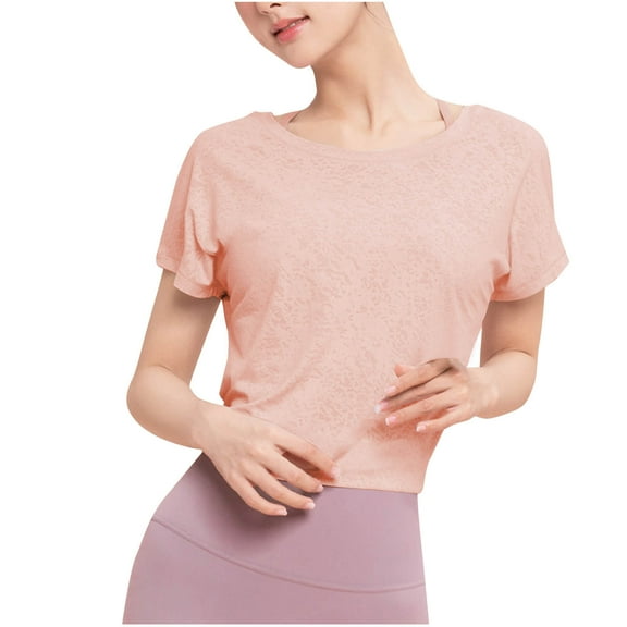 yillto Women's Crop Yoga Tops Short Sleeve Crew Neck Loose Plain Shirts Casual Basic Solid Color Tee