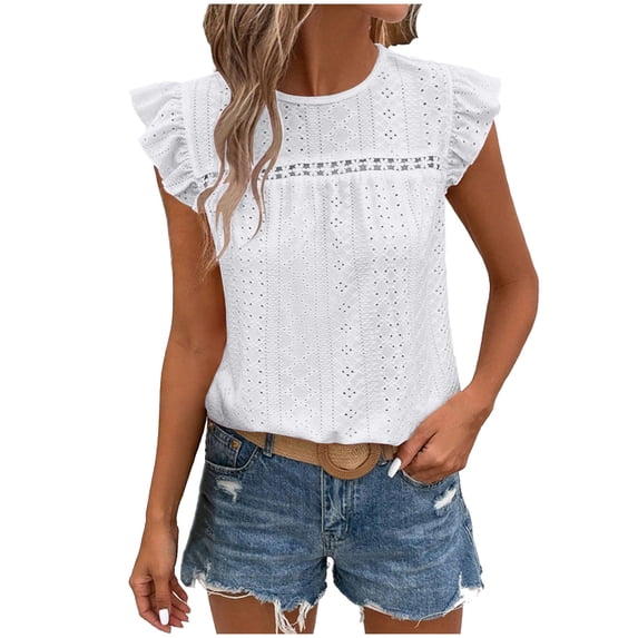 yillto Women's Cute Tank Tops Ruffle Sleeveless Crewneck Spring Blouse Cap Sleeve Cute Shirts Outfits