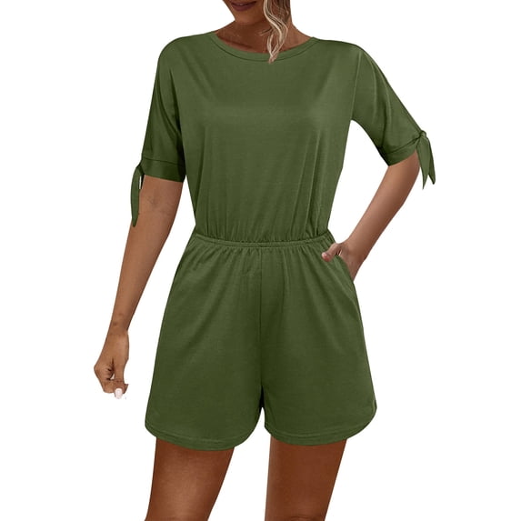 yillto Women's Jumpsuit Solid Color Stretch Short Jumpsuit Round Neck Short Sleeve Rompers