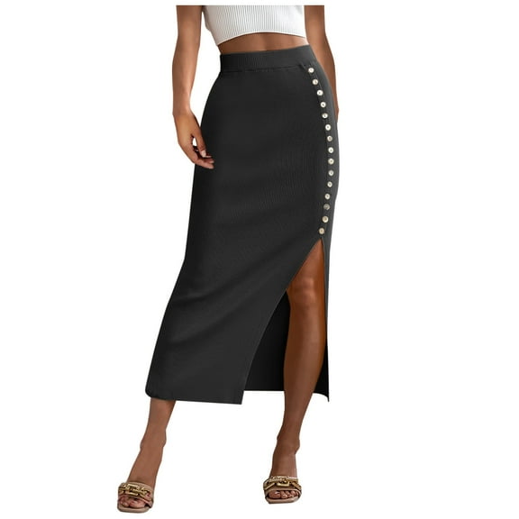 yillto Women's Knitted Skirts Elastic High Waist Split Midi Skirt A Lined Slim Skirts with Buttons