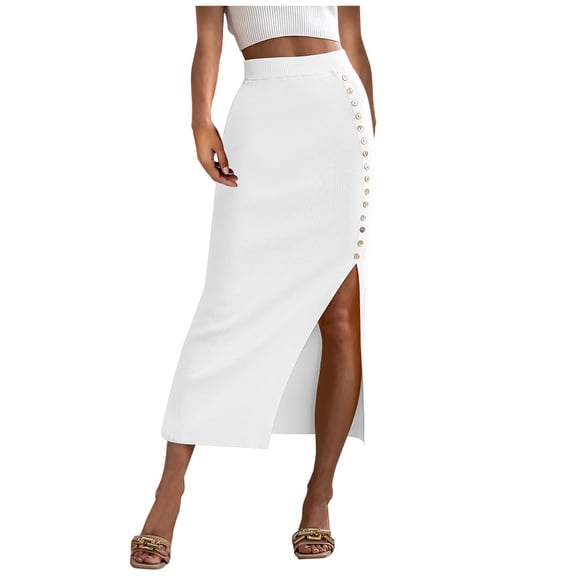 yillto Women's Knitted Skirts Elastic High Waist Split Midi Skirt A Lined Slim Skirts with Buttons