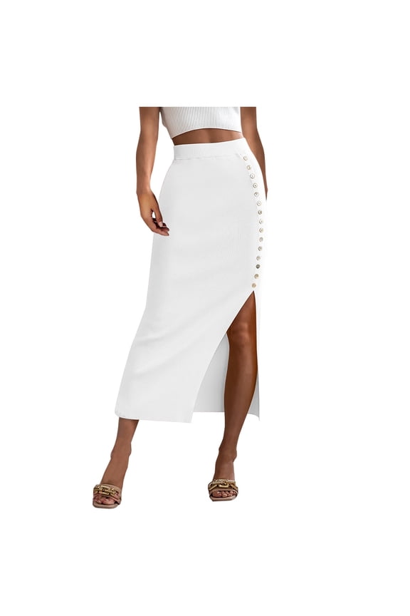 Women's Knitted Skirts Elastic High Waist Split Midi Skirt A Lined Slim Skirts with Buttons