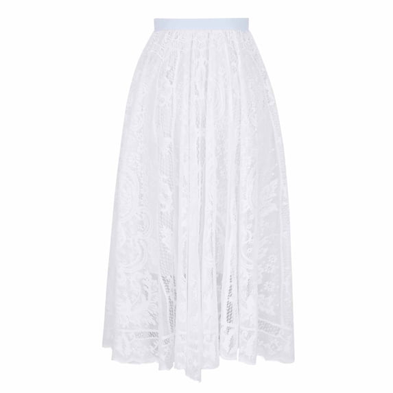 yillto Women's Lace Skirts High Waist Pleated Elegant Fashion A-Line Ruffle Hem Tiered Long Skirt