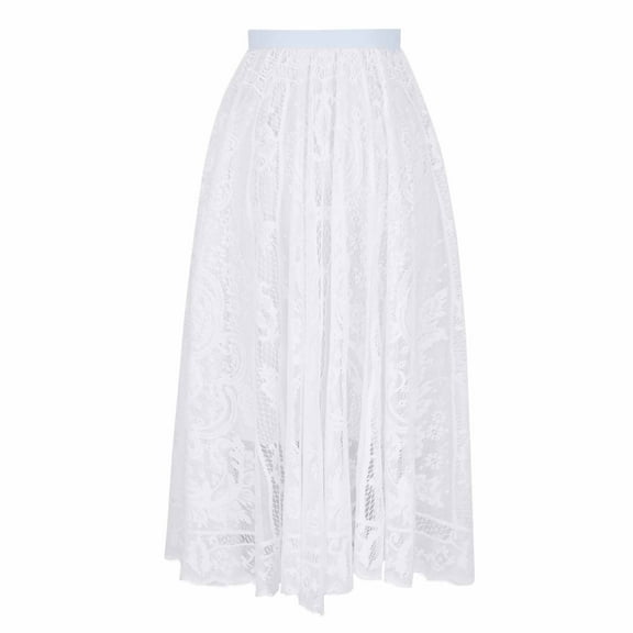 yillto Women's Lace Skirts High Waist Pleated Elegant Fashion A-Line Ruffle Hem Tiered Long Skirt