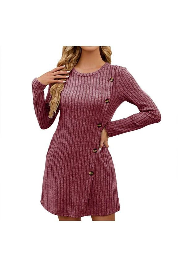 Women's Long Sleeve Crewneck Knitted Mini Dress Fall Winter Casual Sweater A-Line Dresses with Pockets