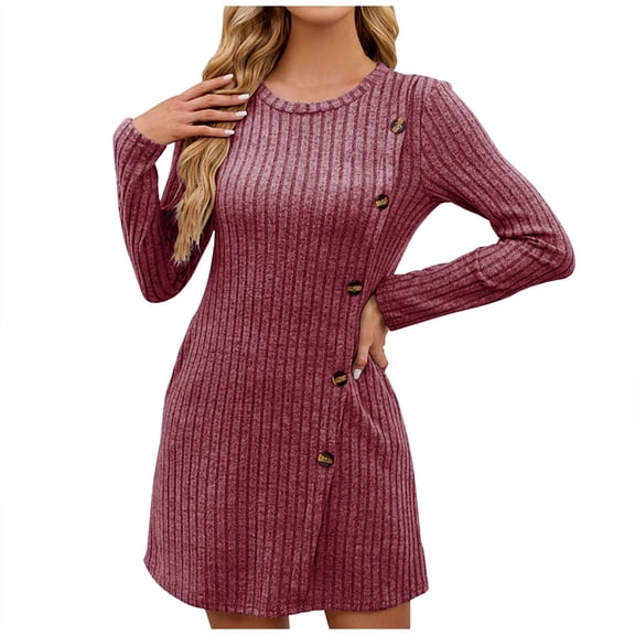 yillto Women's Long Sleeve Crewneck Knitted Mini Dress Fall Winter Casual Sweater A-Line Dresses with Pockets