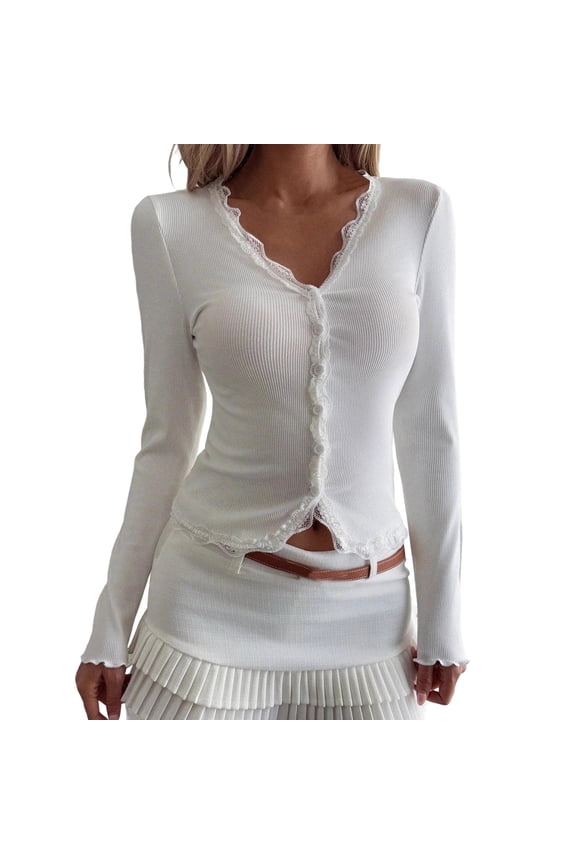 Women's Long Sleeve Cropped Cardigans Fall Lightweight Open Front V Neck Button down Top