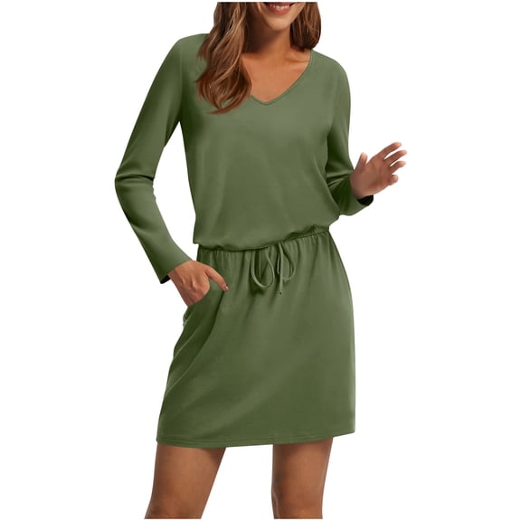 yillto Women's Long Sleeve Dress V Neck Elastic Waist Casual Mini Sweat Dresses Trendy Fall Outfits
