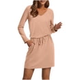 thumbnail image 1 of yillto Women's Long Sleeve Dress V Neck Elastic Waist Casual Mini Sweat Dresses Trendy Fall Outfits, 1 of 3