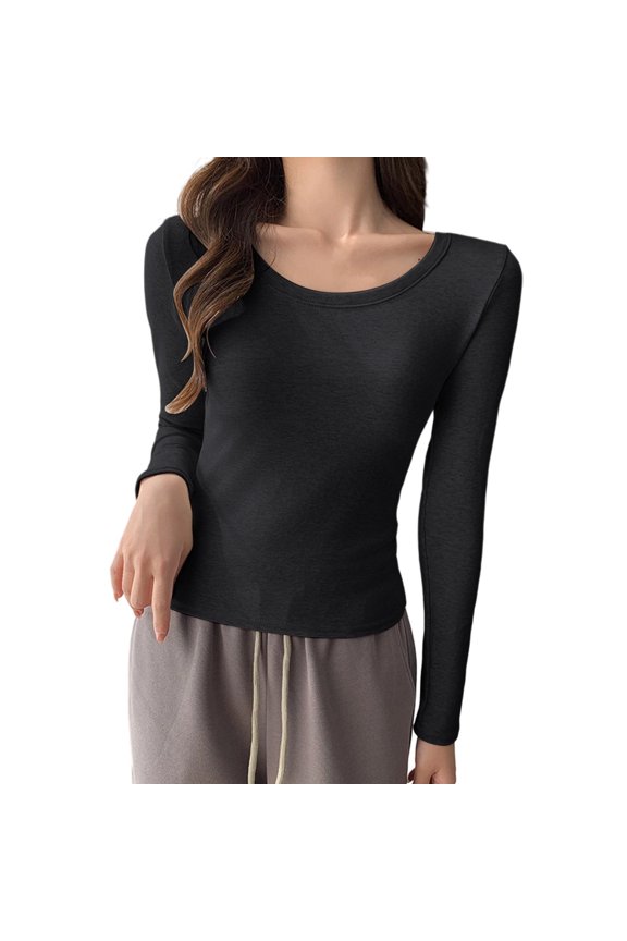 Women's Long Sleeve Round Neck Solid Color Casual Pullover Base Layered Top Soft Undershirts