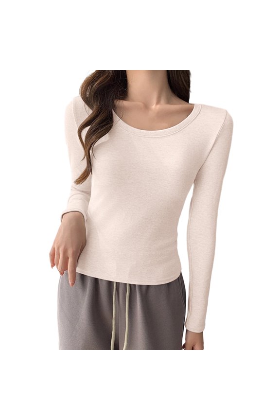 Women's Long Sleeve Round Neck Solid Color Casual Pullover Base Layered Top Soft Undershirts