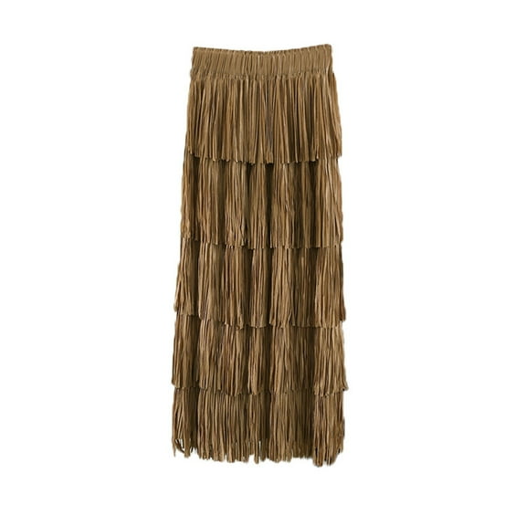 yillto Women's Maxi Skirt Elastic High Waist Pleated A-Line Flared Tiered Layered Fashion Long Skirts