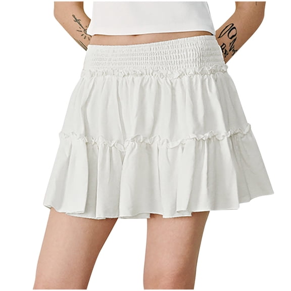 yillto Women's Mini Skirt Cute Casual Stretchy Flared Pleated Elastic Waist Ruffle Hem Short Skirts