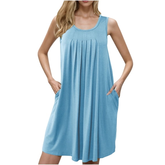 yillto Women's Nightgowns Sleeveless Sleepwear Wide Strap Sleepshirt Pleated Scoopneck Nightshirt