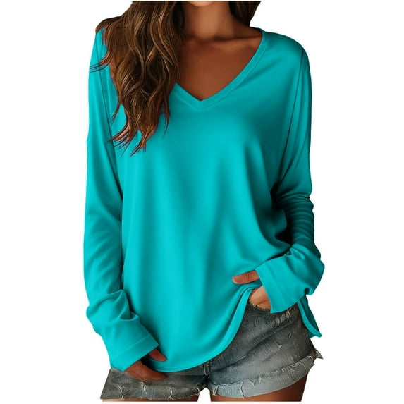 yillto Women's Oversized Long Sleeve Shirts V Neck Solid Color Casual Tee Basic Workout Loose Tops