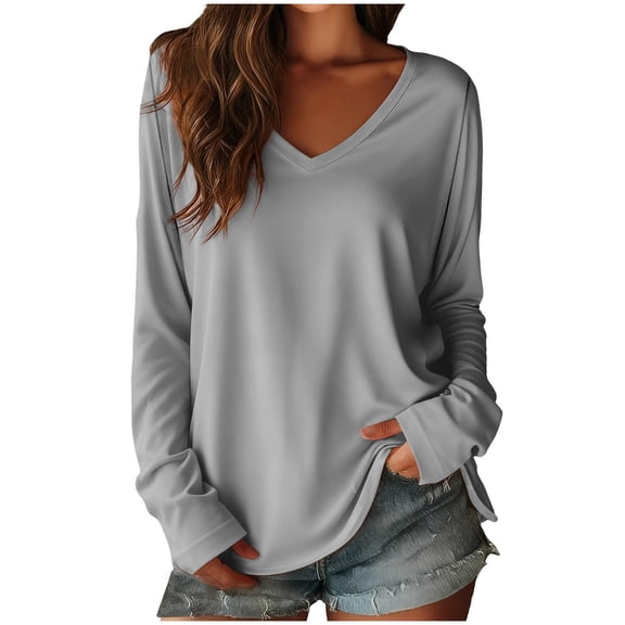 yillto Women's Oversized Long Sleeve Shirts V Neck Solid Color Casual Tee Basic Workout Loose Tops