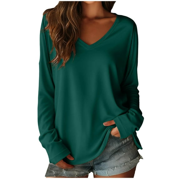 yillto Women's Oversized Long Sleeve Shirts V Neck Solid Color Casual Tee Basic Workout Loose Tops