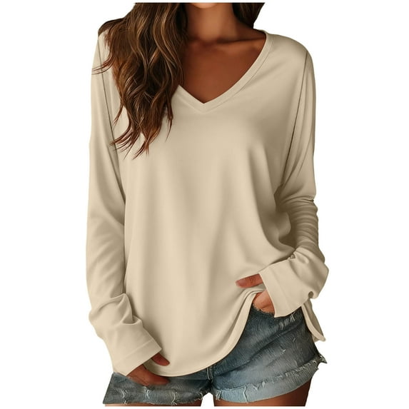 yillto Women's Oversized Long Sleeve Shirts V Neck Solid Color Casual Tee Basic Workout Loose Tops