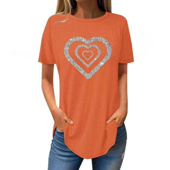 yillto Women's Oversized Shirts Short Sleeve Crewneck Sequin Heart Graphic Loose Causal Summer Tops