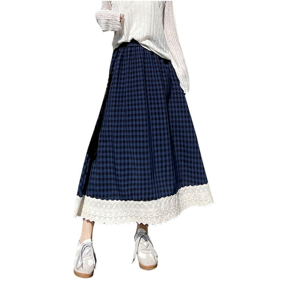 yillto Women's Plaid A Line Skirts with Ruffle Hem Loose Casual Summer Elastic Waist Long Maxi Skirt